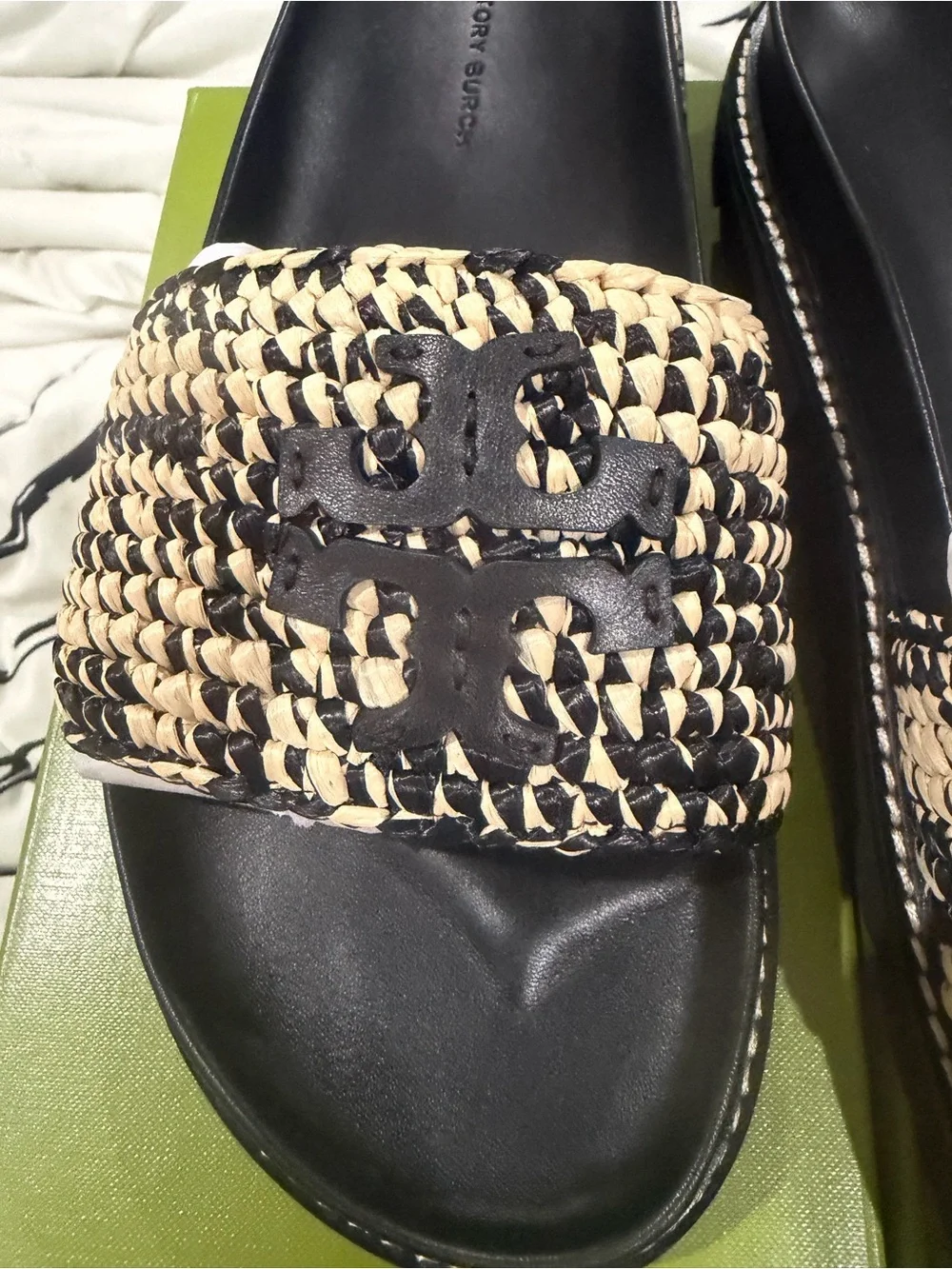 Tory Burch Black & Natural Woven Logo Slide Sandals